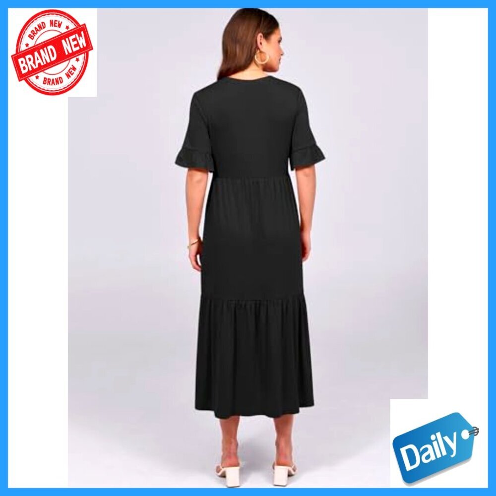 Summer Maxi Dress Ruffle Sleeve V-Neck Flowy Tiered Boho Casual Beach - Picture 4 of 7